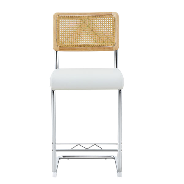 English Elm Natural Rattan Backrest Counter Stools Set of 4 with Chrome Legs and Pu Leather Seats W2920S00106