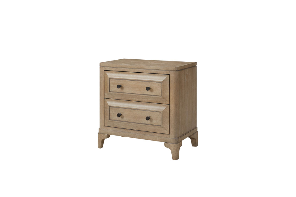 English Elm 2 2 Drawer Nightstand Sand Finish with USB Charging, Felt Top Drawer, Cedar Lined Bottom, Solid Wood Craftsmanship B2699P218785