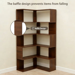 English Elm 6 Tier Corner Bookcase Tall L Shaped Walnut Mdf Open Shelving Unit for Home Office W3204P442028