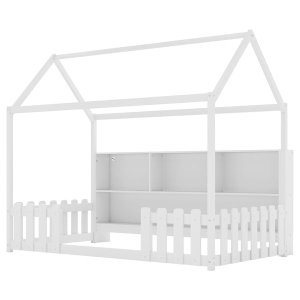 English Elm Twin House Bed with LED Light and Built-In Bookshelf, Solid Wood Playhouse Design for Kids Safety White 78.15 L x 15.75 W x 6.1 H W2593P269087
