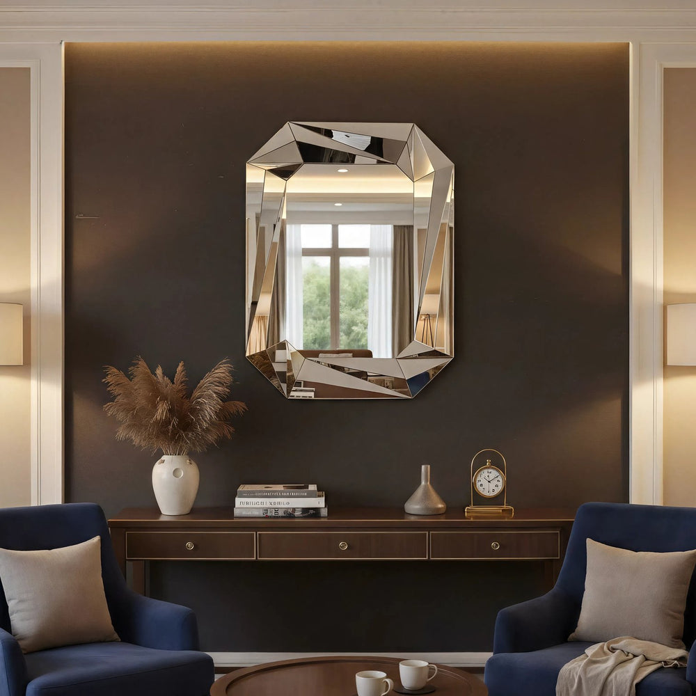 English Elm Diamond Frameless Beveled Wall Mirror Sculptural Silver Glass Accent for Any Room W3836P409964