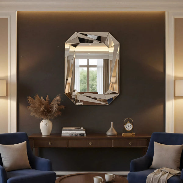 English Elm Diamond Frameless Beveled Wall Mirror Sculptural Silver Glass Accent for Any Room W3836P409964
