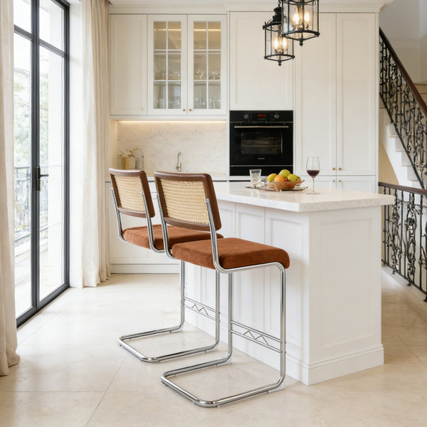 English Elm Natural Rattan Backrest Counter Stools Set of Two with Velvet Seat and Chrome Legs W2920P395621