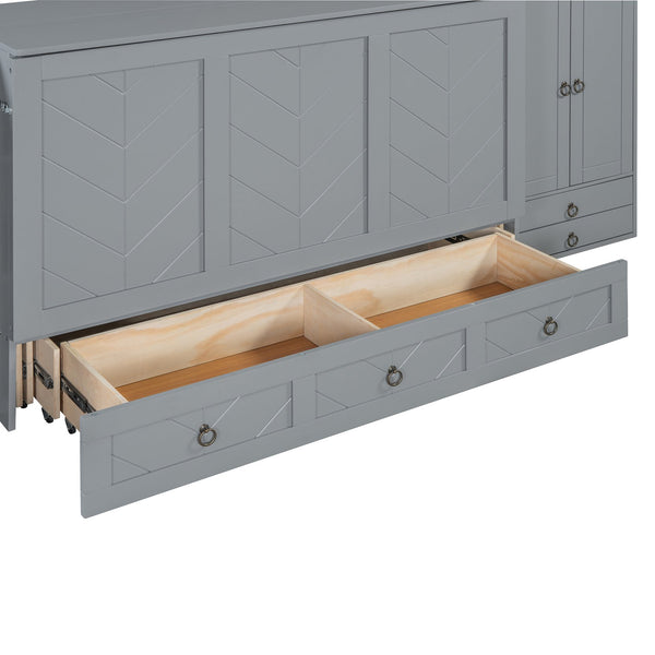 English Elm Queen Murphy Bed with Wardrobe Cabinets Built-in Usb Charging and Concealed Drawers Gray LP000590AAE