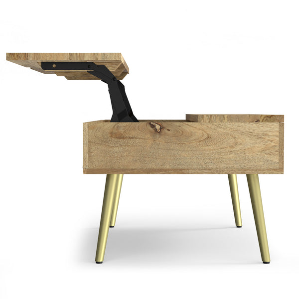 English Elm Jager Mango Wood Lift-Top Coffee Table with Hidden Storage, Gold Brass Inlays & Angled Iron Legs B136P203435