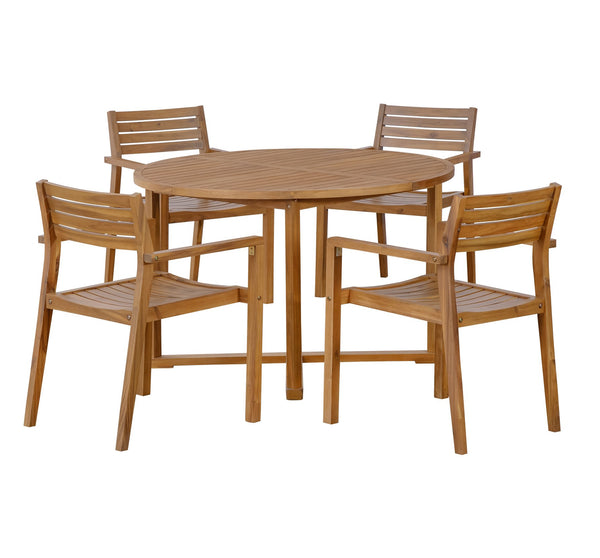 English Elm U_style Solid Acacia Wood Round Outdoor Dining Set Seats Four with Slatted Design Natural WY000475AAO