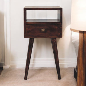 English Elm Solid Wood Mini Nightstand In Dark Brown Walnut - Compact Nordic Design With 1 Drawer & Open Shelf B182P279230-GIGA