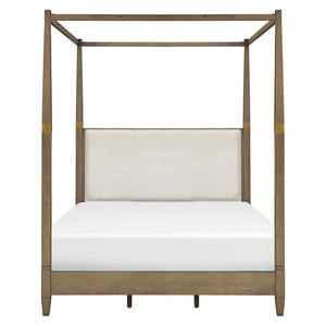 English Elm Canopy Queen Bed Brown Upholstered Canopy Frame Solid Wood Blend, Foam-Padded Headboard, Elegant Design B035S00062