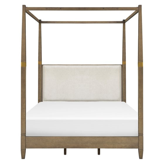 English Elm Canopy Queen Bed Brown Upholstered Canopy Frame Solid Wood Blend, Foam-Padded Headboard, Elegant Design B035S00062