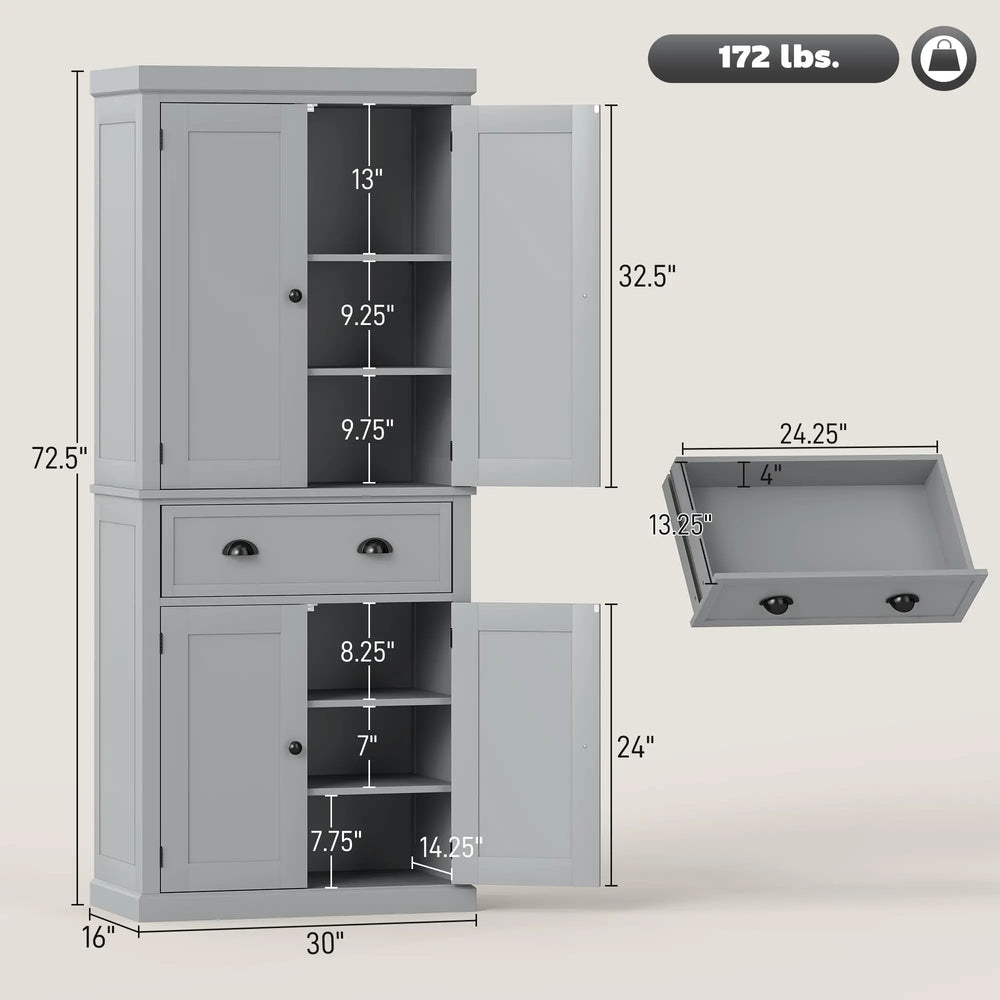 English Elm 72.5" Shaker Farmhouse Pantry Cabinet with Drawer and Adjustable Shelves Gray T3971P417208