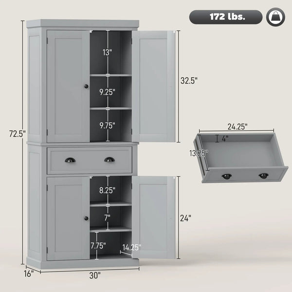 English Elm 72.5" Shaker Farmhouse Pantry Cabinet with Drawer and Adjustable Shelves Gray T3971P417208