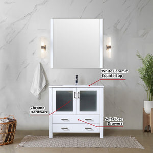 English Elm White 36 in. Bathroom Vanity with Scratch-Resistant White Ceramic Top, Chrome Faucet & 34" Mirror B2731S01288