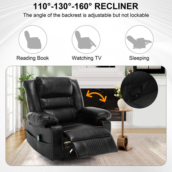 English Elm Breathable Leather Massage Recliner with 8-Point Massage, Heated Lumbar, 4-Zone Relief & Pockets Black W1403P156678