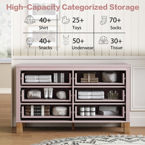 English Elm 6-drawer Double Dresser Solid Wood Legs Mid-century Modern Bedroom Storage Cabinet Pink W1445S00009