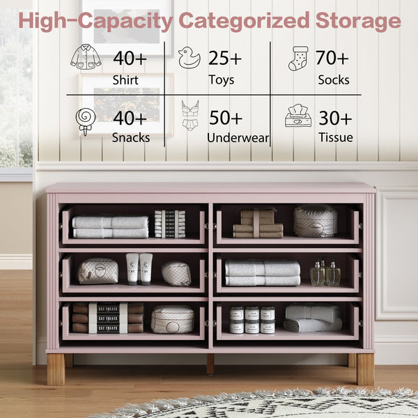 English Elm 6-drawer Double Dresser Solid Wood Legs Mid-century Modern Bedroom Storage Cabinet Pink W1445S00009