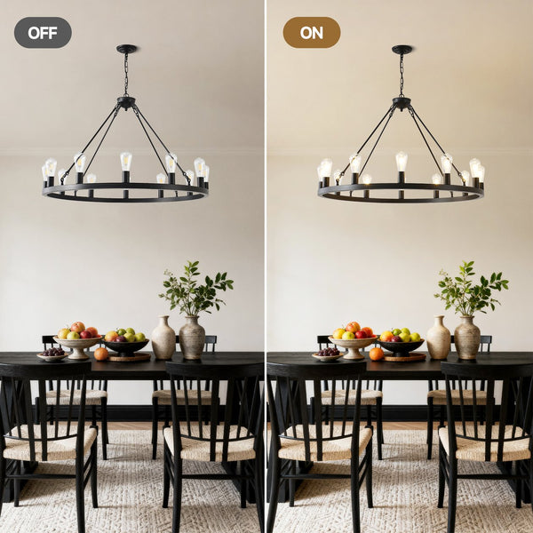 English Elm 39.4 Inch Wagon Wheel Chandelier 12-light Matte Black Farmhouse Pendant for Foyer Dining W5008P389282