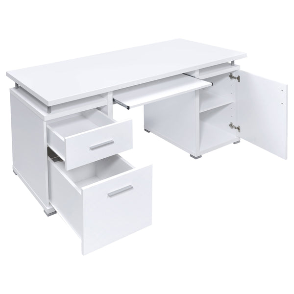English Elm 1pc Modern 55-inch Computer Desk with Slide-Out Keyboard Tray, Adjustable Shelf & File Drawer, Silver Accents White 59.84 L x 26.97 W x 9.25 H B011P361982