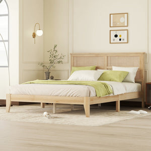 English Elm Queen Platform Bed Solid Rubberwood Arched Rattan Headboard Natural Boho Bedroom W504P380560