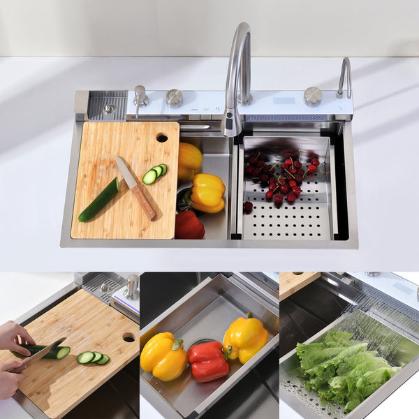 English Elm Pull-out Faucet Stainless Steel Kitchen Sink with Waterfall Spout and Digital Temp Display T3177P370631