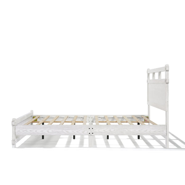 English Elm Queen Farmhouse Platform Bed Antique White Wood Grain Two-tiered Headboard Solid Frame N758P369329W