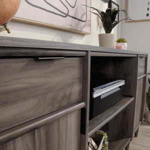 English Elm Credenza, Dark Gray finish – Spacious 65.25" storage buffet with adjustable shelves, cord management, drawers, versatile placement B356P367838