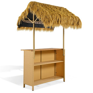English Elm Go Tropical Tiki Bar Patio Set Acacia Wood Top Pe Wicker Stools with Grass Canopy WF530958AAA
