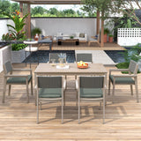 English Elm Outdoor Dining Set Patio Dining Table and Chairs With Rattan Backrest and Removable Cushions For Patio and Backyard, White Washed