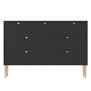 English Elm Modern 7-Drawer Storage Cabinet in Black with Gold Legs & Honeycomb Fronts – Stylish Versatile Organizer for Bedroom, Office, Entryway T3609P347457