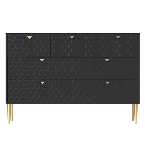 English Elm Modern 7-Drawer Storage Cabinet in Black with Gold Legs & Honeycomb Fronts – Stylish Versatile Organizer for Bedroom, Office, Entryway T3609P347457