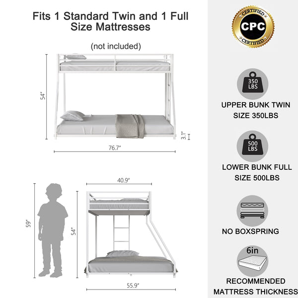 English Elm Same Adam Sturdy Twin over Full Bunk Bed Metal White for Kids & Adults — Sturdy, Squeak-Free, Safe Guardrail, Floor-Protecting Caps B083P170884