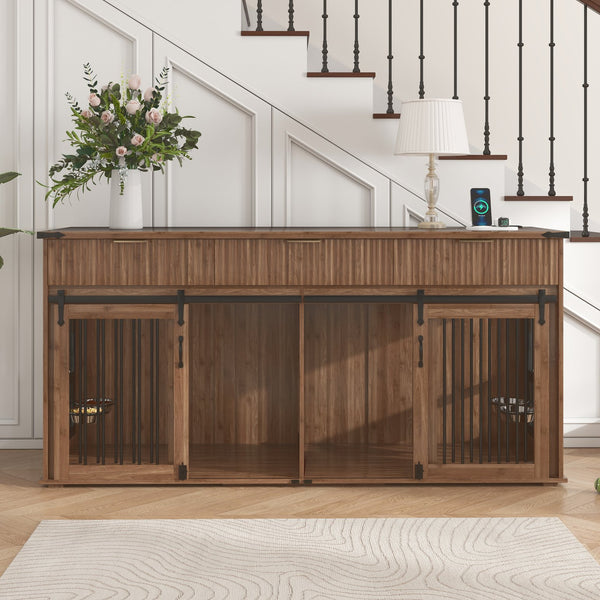 English Elm 71'' Walnut Woodgrain Dog Kennel Cabinet with Fluted Drawers and Built-in Power Station W5216S00002