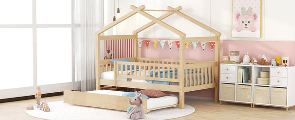 English Elm Twin House Bed with Trundle Solid Pine Frame Walnut Kids Bedroom Sleepover N708P357115N