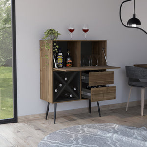 English Elm Sheffield Industrial Bar Cabinet with Eight Bottle Cubbies and Steel Legs for Home Entertaining B128S00155