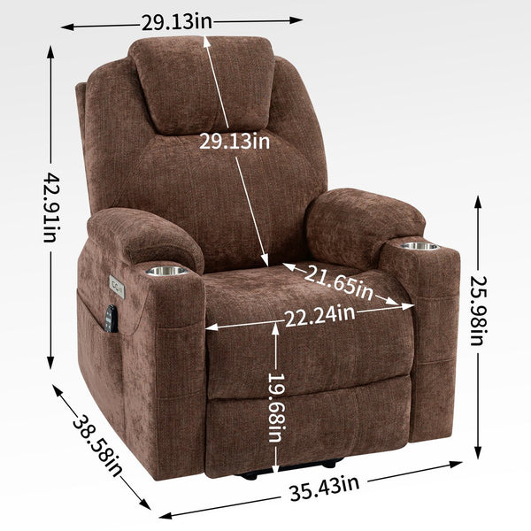English Elm Up to 350 Lbs Chenille Power Lift Recliner with Massage Heating and Usb Charging Ports Brown W3224S00001