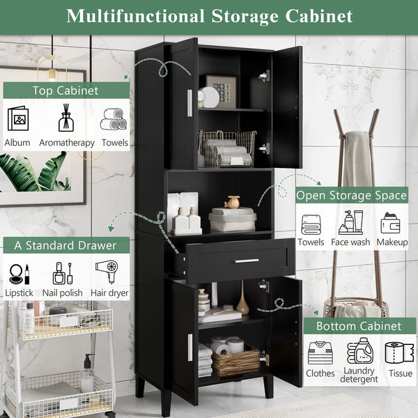 English Elm 70.9" High Freestanding Tall Bathroom Cabinet with Soft-Close Doors, Drawer & Adjustable Shelves for Organized Living Black N729P272001B