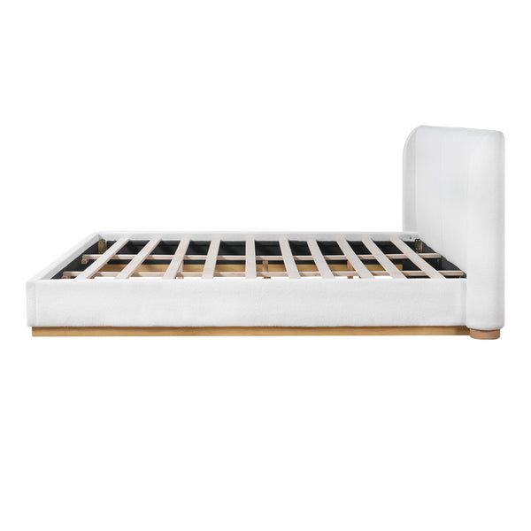 English Elm Modern Bouclé Upholstered King Bed Sculptural Winged Headboard Enclosed Wood Base N76KP376584W