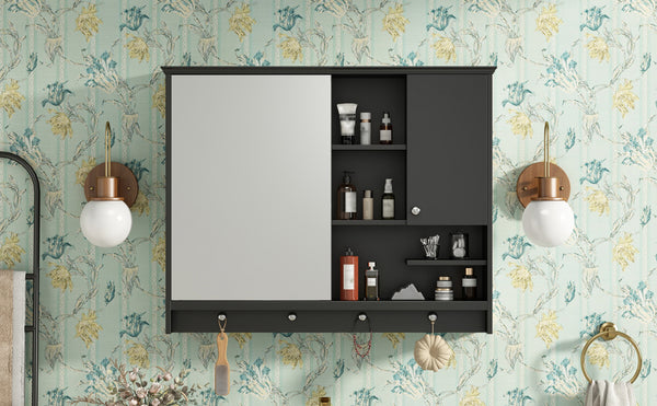 English Elm 36 Inch Wall Mounted Medicine Cabinet with HD Mirror, Adjustable Shelves, Towel Hooks, Modern Style Black N710P254924B