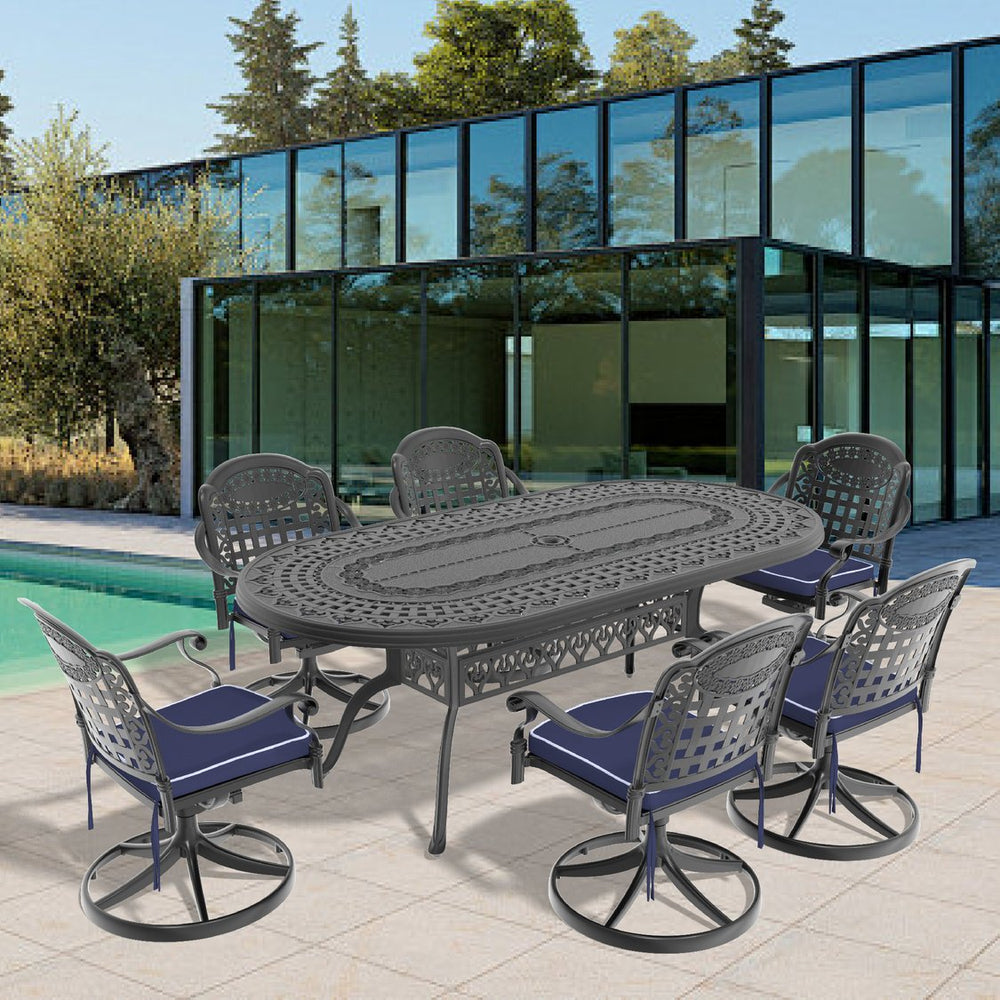 English Elm 7-Piece All-Weather Cast Aluminum Dining Set With Swivel Chairs, Cushions & Oval Table For Outdoor Fun W1710S00359