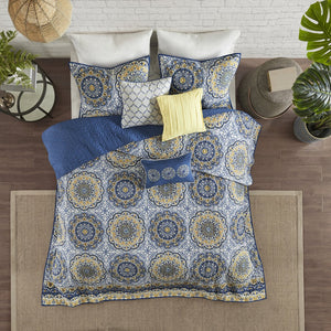 English Elm 6 Tangiers Reversible Quilt Set Full/Queen - Bold Blue & Yellow Floral Medallion Design, 6-Piece Soft Microfiber B03597623