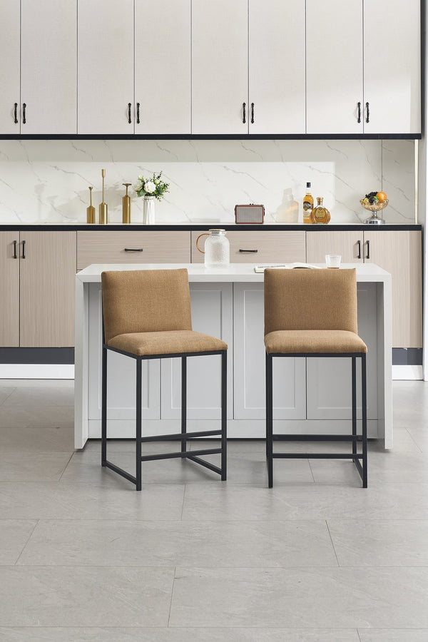 English Elm Counter Height Bar Stools Set of 2 Upholstered Linen Seats with Metal Frame & Cushion Comfort for Kitchen Bar and Dining Room Coffee W1249P257010