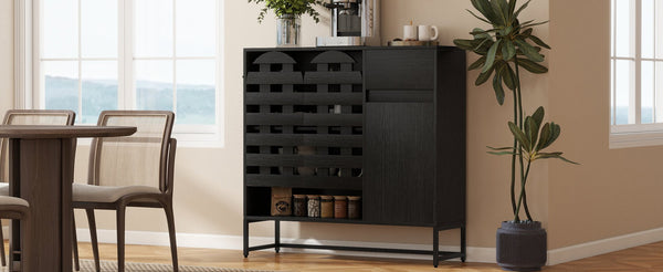 English Elm Buffet Black Woven Arched Door Sideboard with Adjustable Shelves, Metal Legs, Drawer, Entryway-Friendly W2977P338264