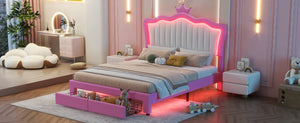 English Elm Full Size Upholstered Bed Frame With Led Lights – Chic Pink Princess Design, Crown Headboard & Storage Drawers W2770P190367