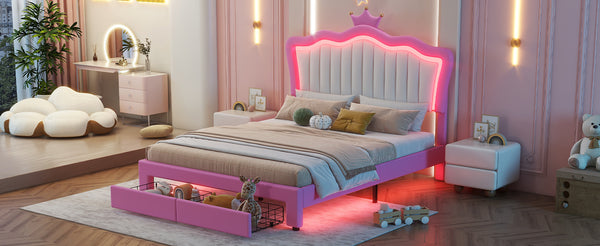 English Elm Full Size Upholstered Bed Frame With Led Lights – Chic Pink Princess Design, Crown Headboard & Storage Drawers W2770P190367