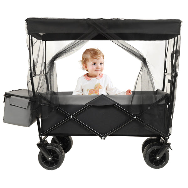 English Elm 480lbs Foldable All-terrain Wagon with Canopy Mosquito Net for Camping Outdoor Black W2932P253225