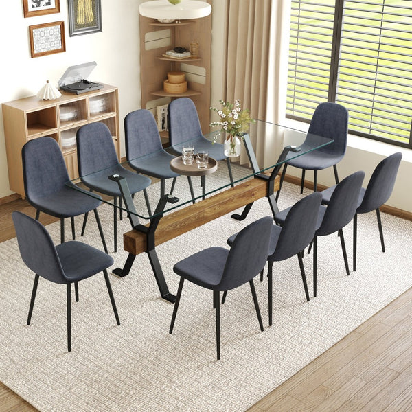 English Elm Table Set With 10 Dark Gray Linen Chairs, Modern Tempered Glass Top & Stylish X-Shaped Metal Legs W1151S03603-GIGA