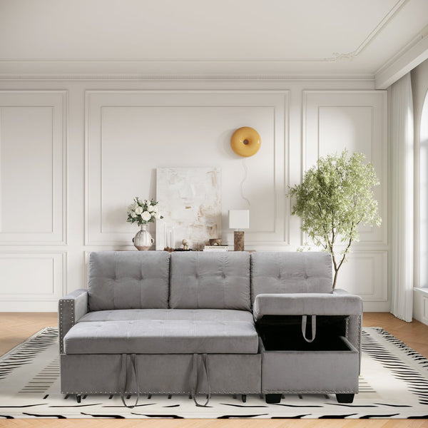 English Elm 77 Reversible 77 Inch Sectional Storage Sleeper Sofa Bed with Pull-Out Guest Bed, Velvet Plush Seating LIGHT GREY W120343142