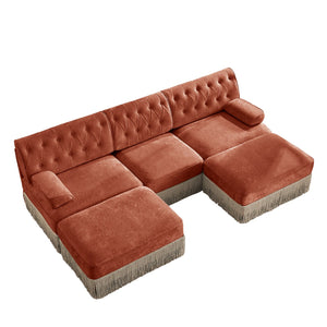 English Elm U Shaped Velvet Chesterfield Sectional with Tufting Tassel Fringe Skirt Modular Living Room Sofa Red+Brown W714S01724