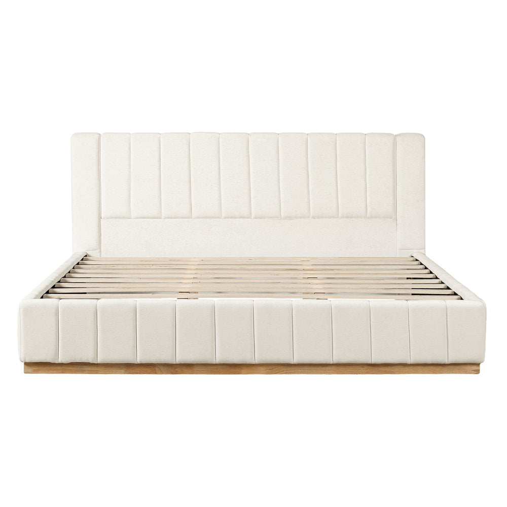 English Elm Modern, Beige Upholstered King Platform Bed Quilted Fabric Headboard Rubberwood Frame N769K360701A