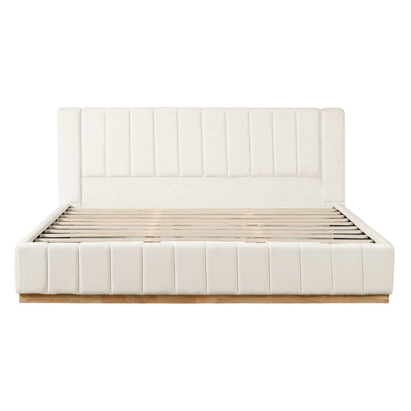 English Elm Modern, Beige Upholstered King Platform Bed Quilted Fabric Headboard Rubberwood Frame N769K360701A