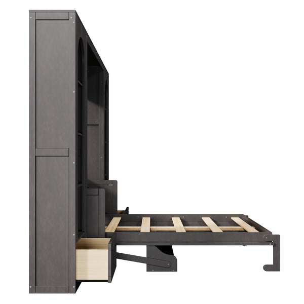 English Elm Queen Murphy Bed with Led Lighting Side Cabinets Shelving and Fold Down Desk Panel Gray N7090002226E-1